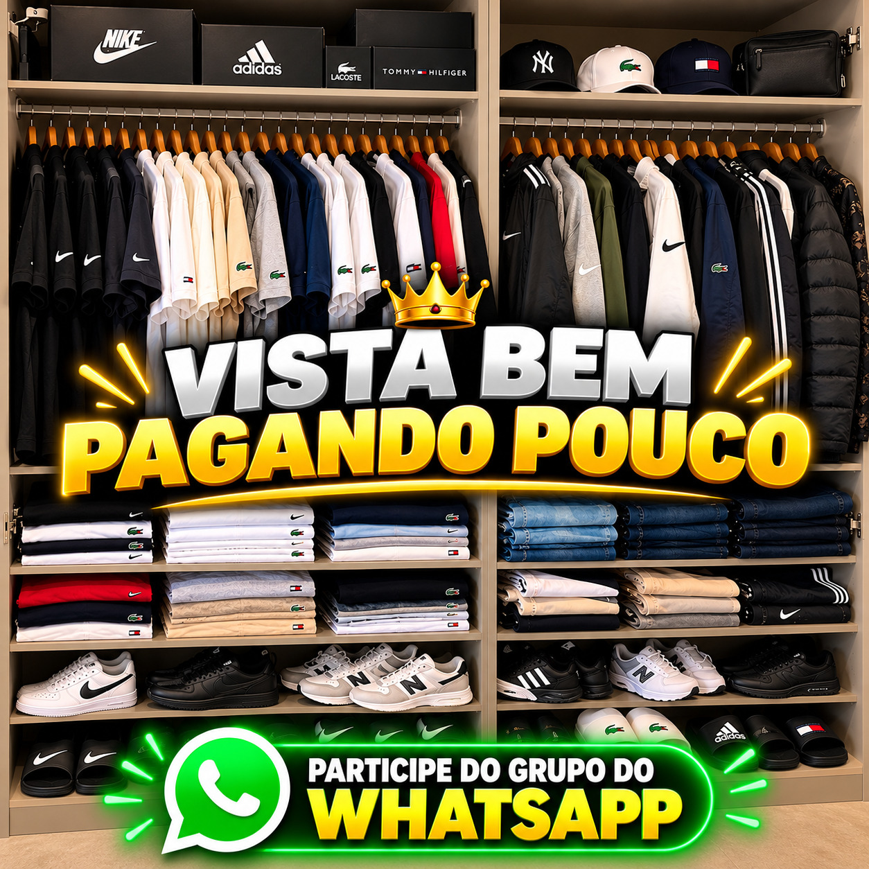 Vitrine com roupas, tênis e acessórios de moda masculina